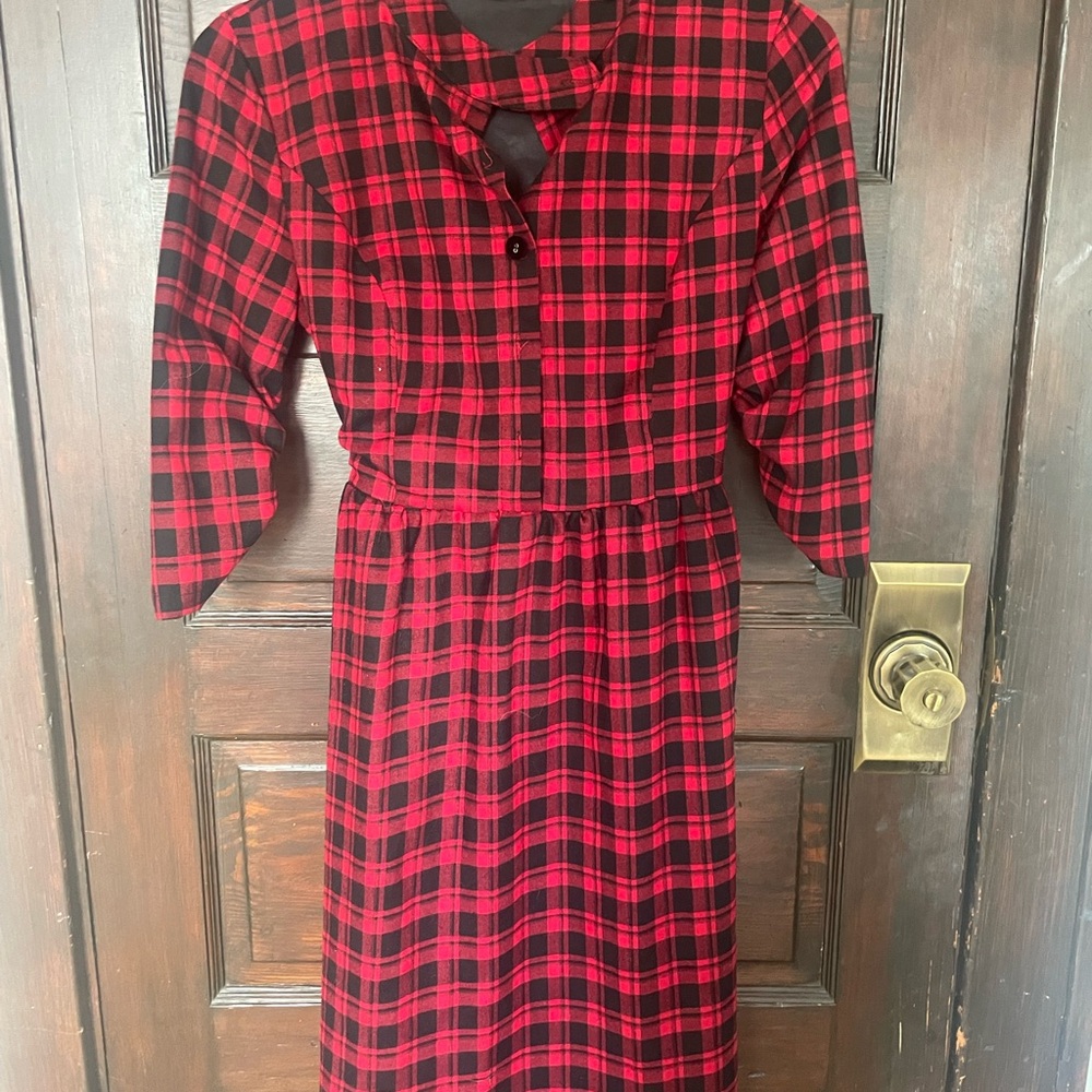 CHANEL Red and Black Checkered Long Sleeve Dress